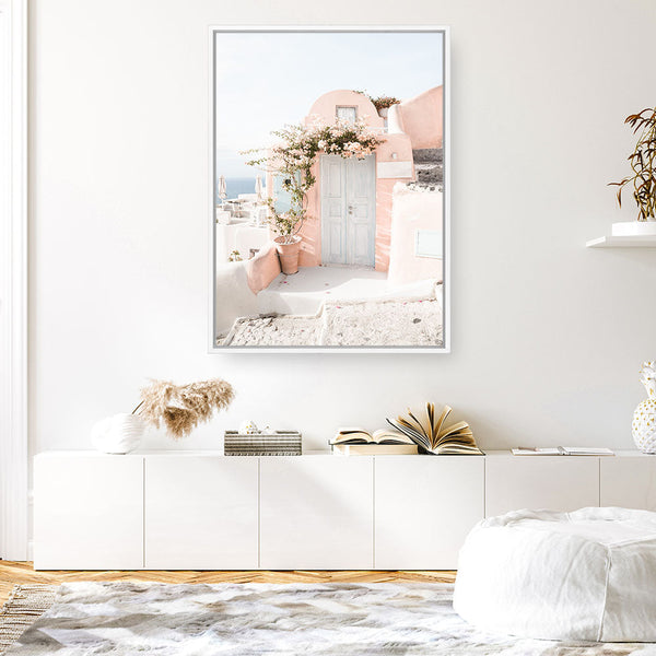 Shop Santorini Pink House III Photo Canvas Print a photography framed stretched canvas print from The Print Emporium wall artwork collection - Buy Australian made prints for the home and your interior decor space, TPE-1326-CA-35X46-NF