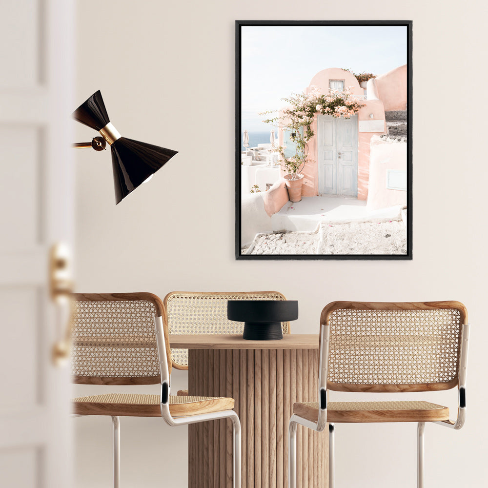 Shop Santorini Pink House III Photo Canvas Print a photography framed stretched canvas print from The Print Emporium wall artwork collection - Buy Australian made prints for the home and your interior decor space, TPE-1326-CA-35X46-NF
