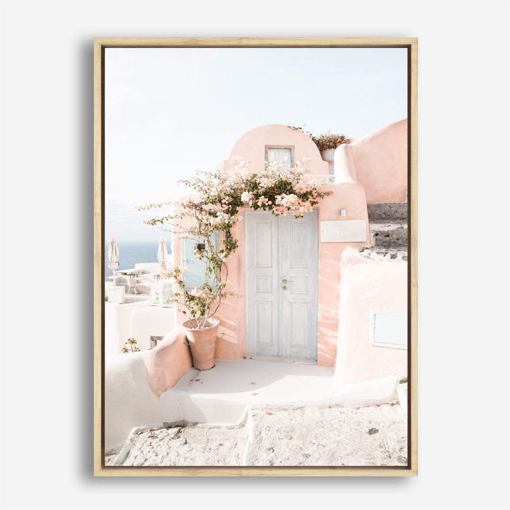 Shop Santorini Pink House III Photo Canvas Print a photography framed stretched canvas print from The Print Emporium wall artwork collection - Buy Australian made prints for the home and your interior decor space, TPE-1326-CA-35X46-NF