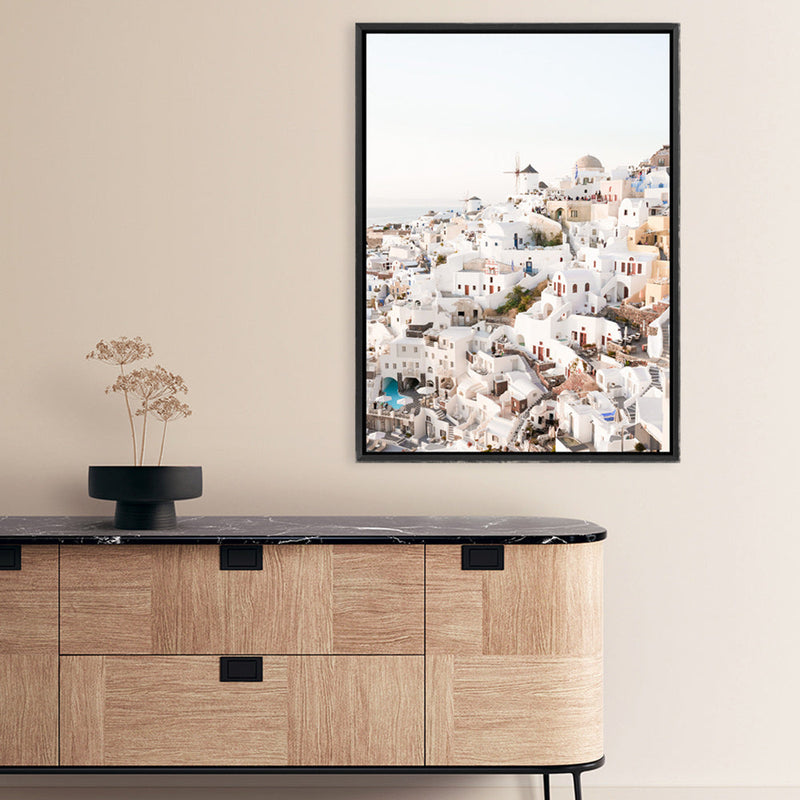 Shop Santorini Skyline I Photo Canvas Print a coastal themed photography framed stretched canvas print from The Print Emporium wall artwork collection - Buy Australian made prints for the home and your interior decor space, TPE-1314-CA-35X46-NF