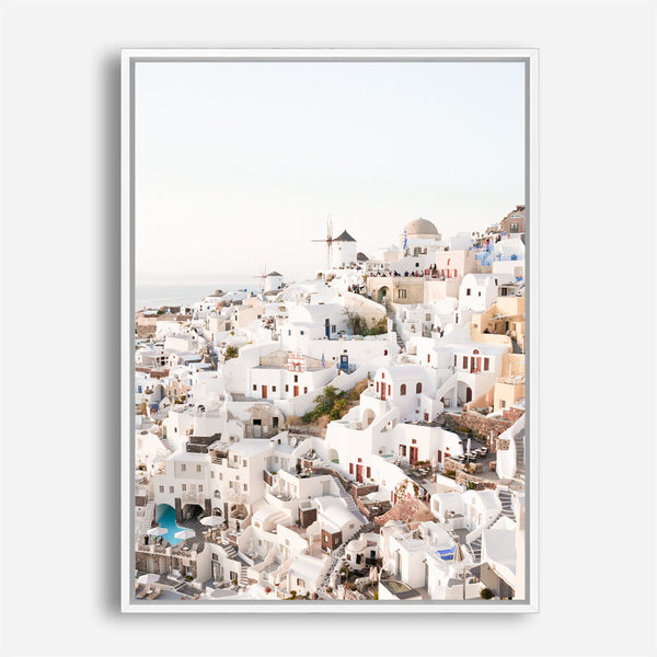Shop Santorini Skyline I Photo Canvas Print a coastal themed photography framed stretched canvas print from The Print Emporium wall artwork collection - Buy Australian made prints for the home and your interior decor space, TPE-1314-CA-35X46-NF