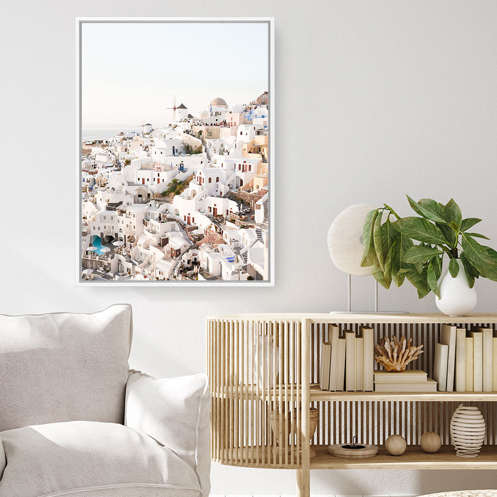 Shop Santorini Skyline I Photo Canvas Print a coastal themed photography framed stretched canvas print from The Print Emporium wall artwork collection - Buy Australian made prints for the home and your interior decor space, TPE-1314-CA-35X46-NF