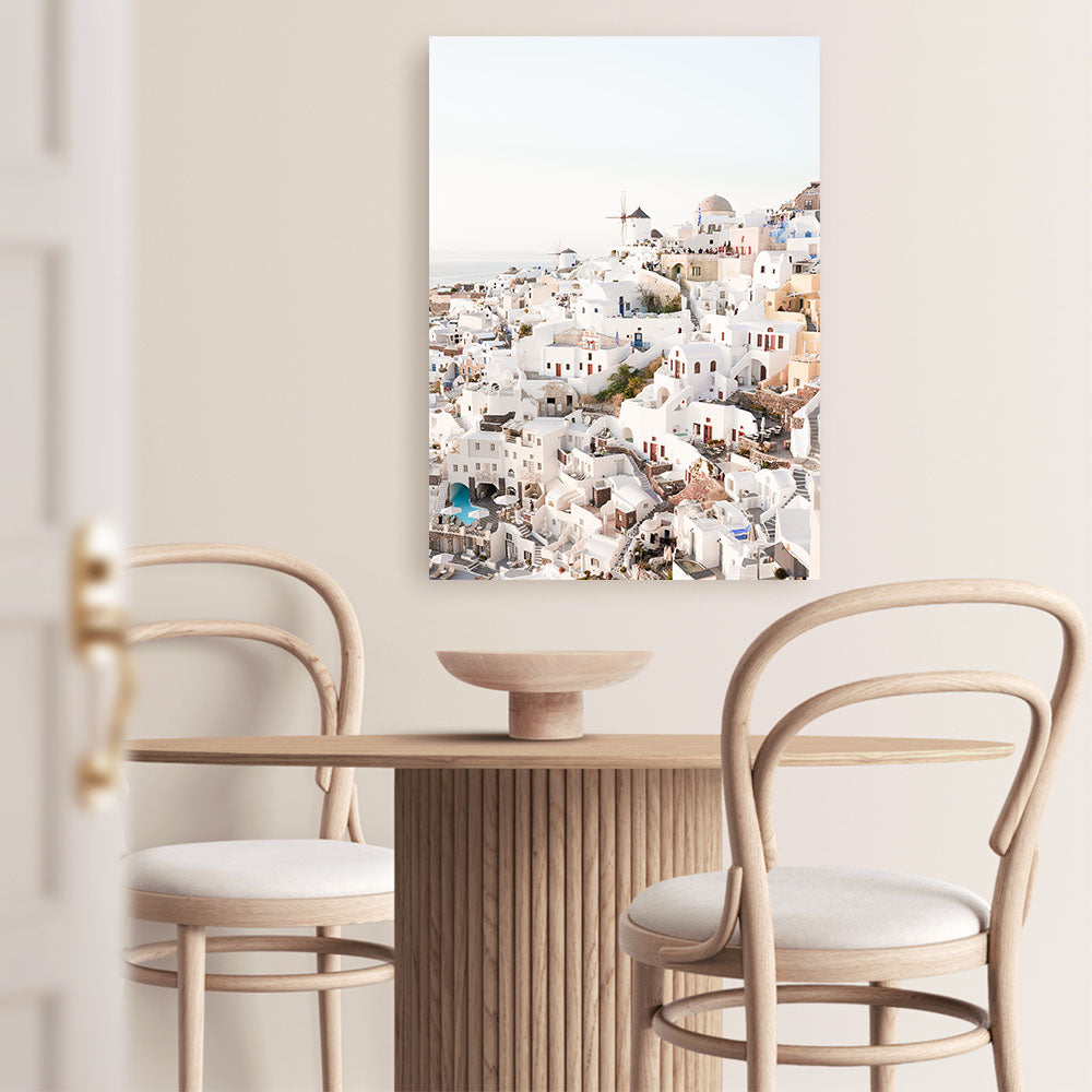Shop Santorini Skyline I Photo Canvas Print a coastal themed photography framed stretched canvas print from The Print Emporium wall artwork collection - Buy Australian made prints for the home and your interior decor space, TPE-1314-CA-35X46-NF