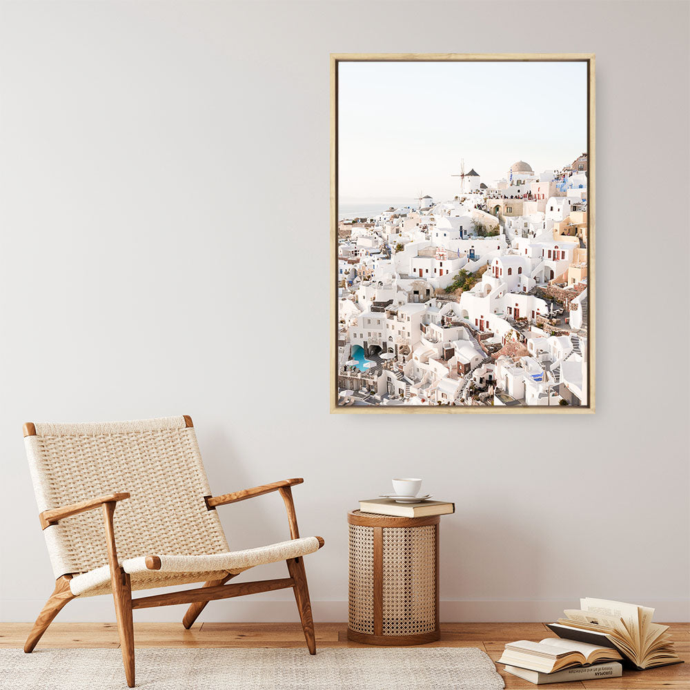 Shop Santorini Skyline I Photo Canvas Print a coastal themed photography framed stretched canvas print from The Print Emporium wall artwork collection - Buy Australian made prints for the home and your interior decor space, TPE-1314-CA-35X46-NF