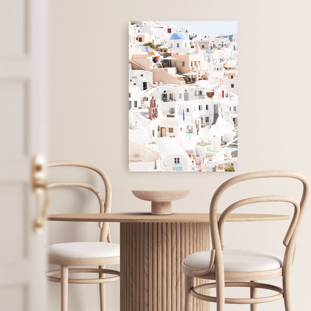 Shop Santorini Skyline II Photo Canvas Print a coastal themed photography framed stretched canvas print from The Print Emporium wall artwork collection - Buy Australian made prints for the home and your interior decor space, TPE-1315-CA-35X46-NF