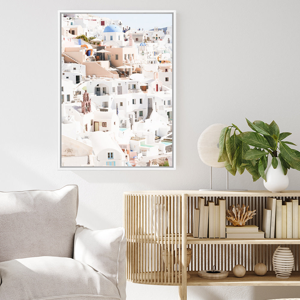Shop Santorini Skyline II Photo Canvas Print a coastal themed photography framed stretched canvas print from The Print Emporium wall artwork collection - Buy Australian made prints for the home and your interior decor space, TPE-1315-CA-35X46-NF