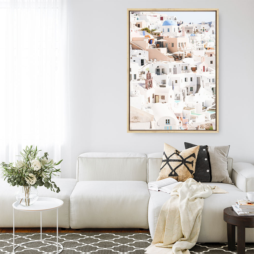 Shop Santorini Skyline II Photo Canvas Print a coastal themed photography framed stretched canvas print from The Print Emporium wall artwork collection - Buy Australian made prints for the home and your interior decor space, TPE-1315-CA-35X46-NF