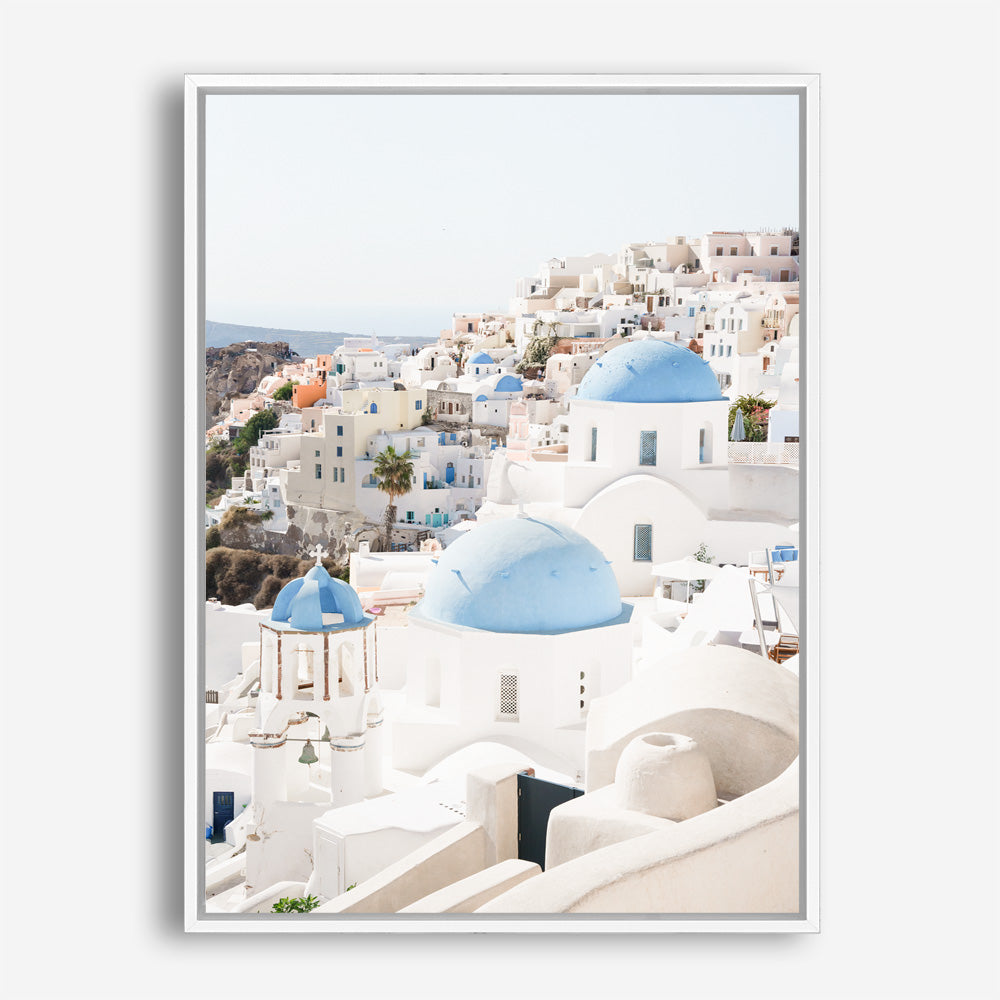 Shop Santorini Skyline III Photo Canvas Print a coastal themed photography framed stretched canvas print from The Print Emporium wall artwork collection - Buy Australian made prints for the home and your interior decor space, TPE-1316-CA-35X46-NF