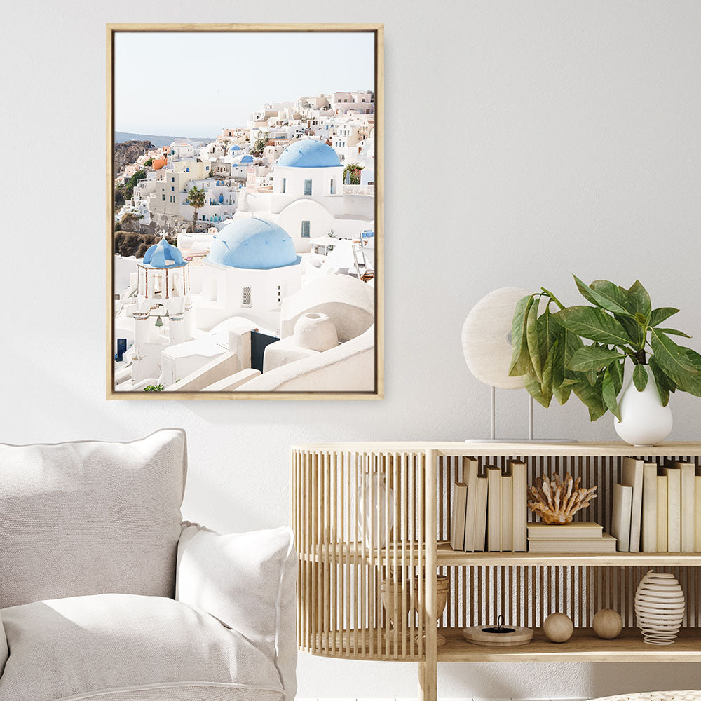 Shop Santorini Skyline III Photo Canvas Print a coastal themed photography framed stretched canvas print from The Print Emporium wall artwork collection - Buy Australian made prints for the home and your interior decor space, TPE-1316-CA-35X46-NF