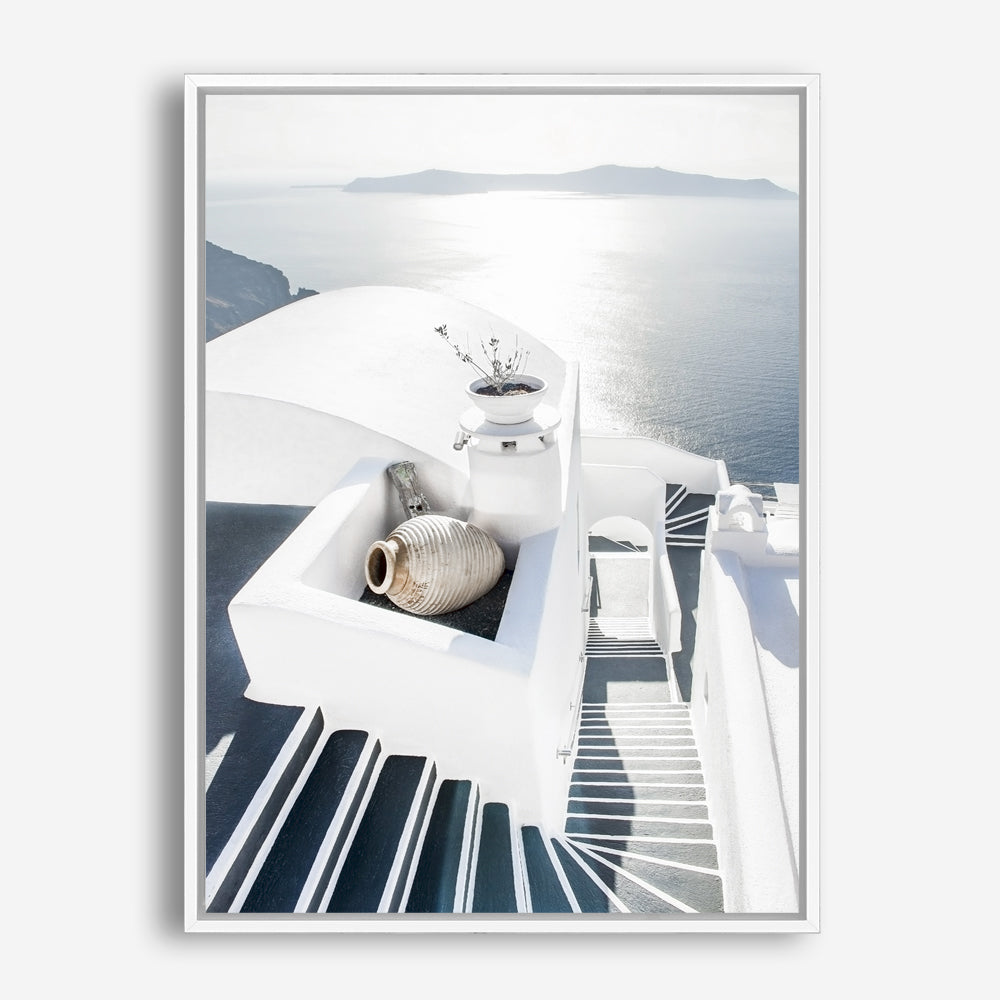 Shop Santorini Staircase Photo Canvas Print a coastal themed photography framed stretched canvas print from The Print Emporium wall artwork collection - Buy Australian made prints for the home and your interior decor space, TPE-1297-CA-35X46-NF