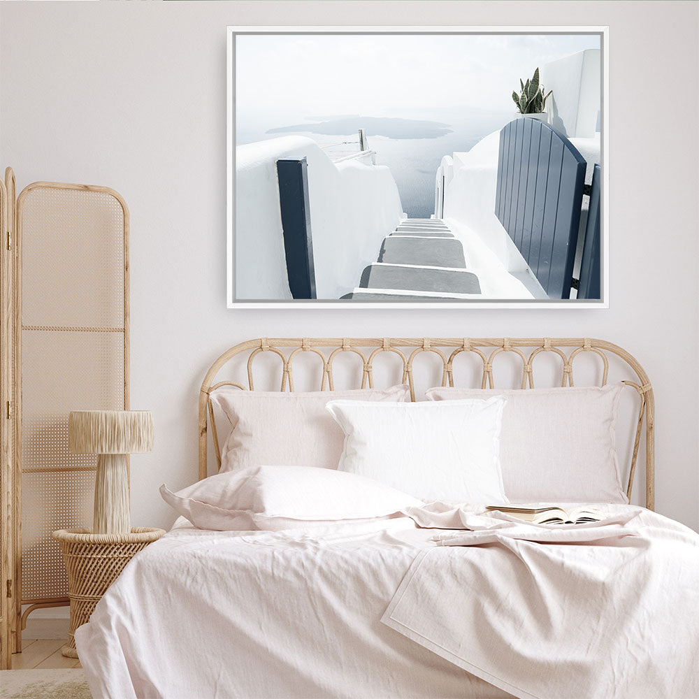 Shop Santorini Stairway Photo Canvas Print a coastal themed photography framed stretched canvas print from The Print Emporium wall artwork collection - Buy Australian made prints for the home and your interior decor space, TPE-1302-CA-35X46-NF
