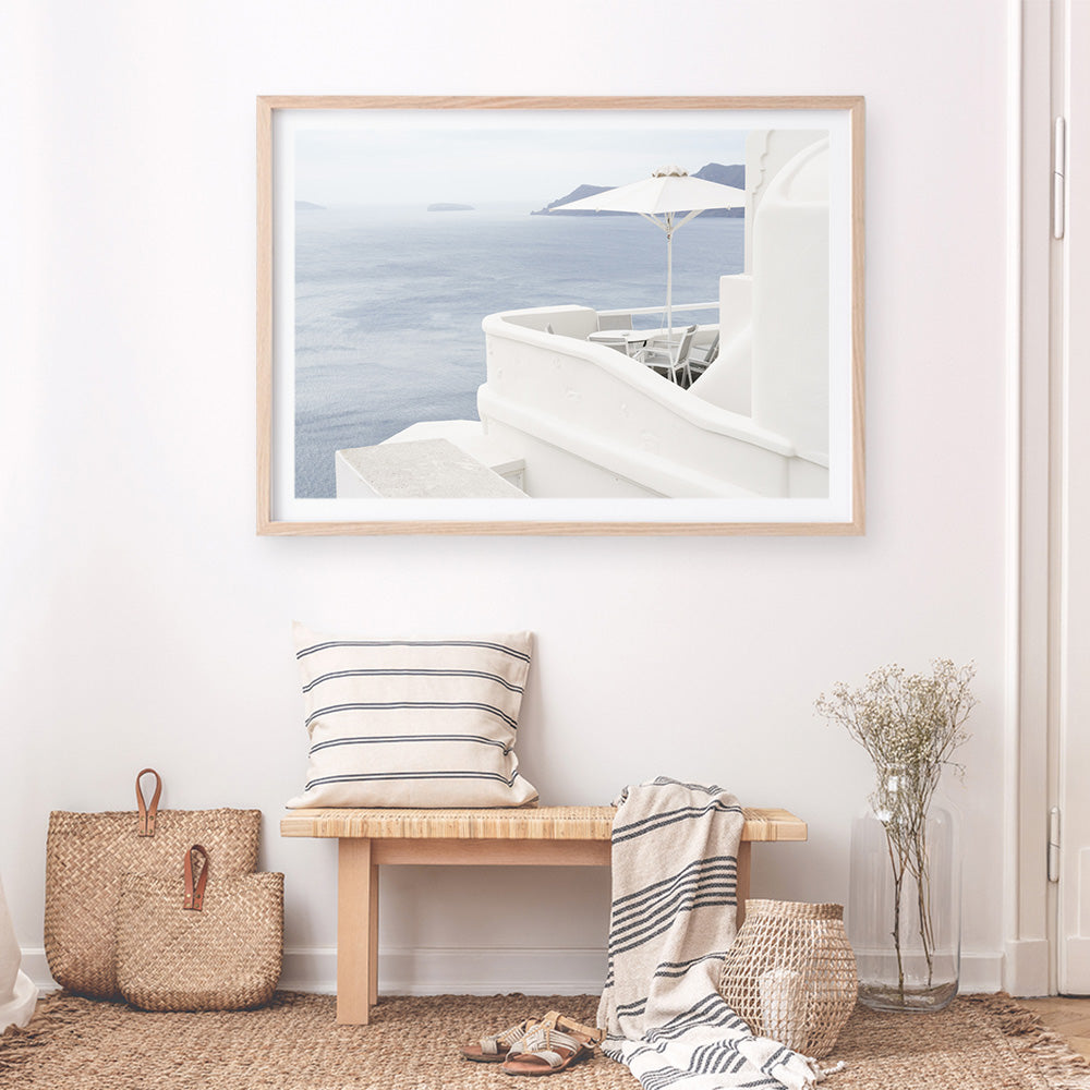 Shop Santorini Terrace I Photo Art Print a coastal themed photography wall art print from The Print Emporium wall artwork collection - Buy Australian made fine art poster and framed prints for the home and your interior decor, TPE-1323-AP