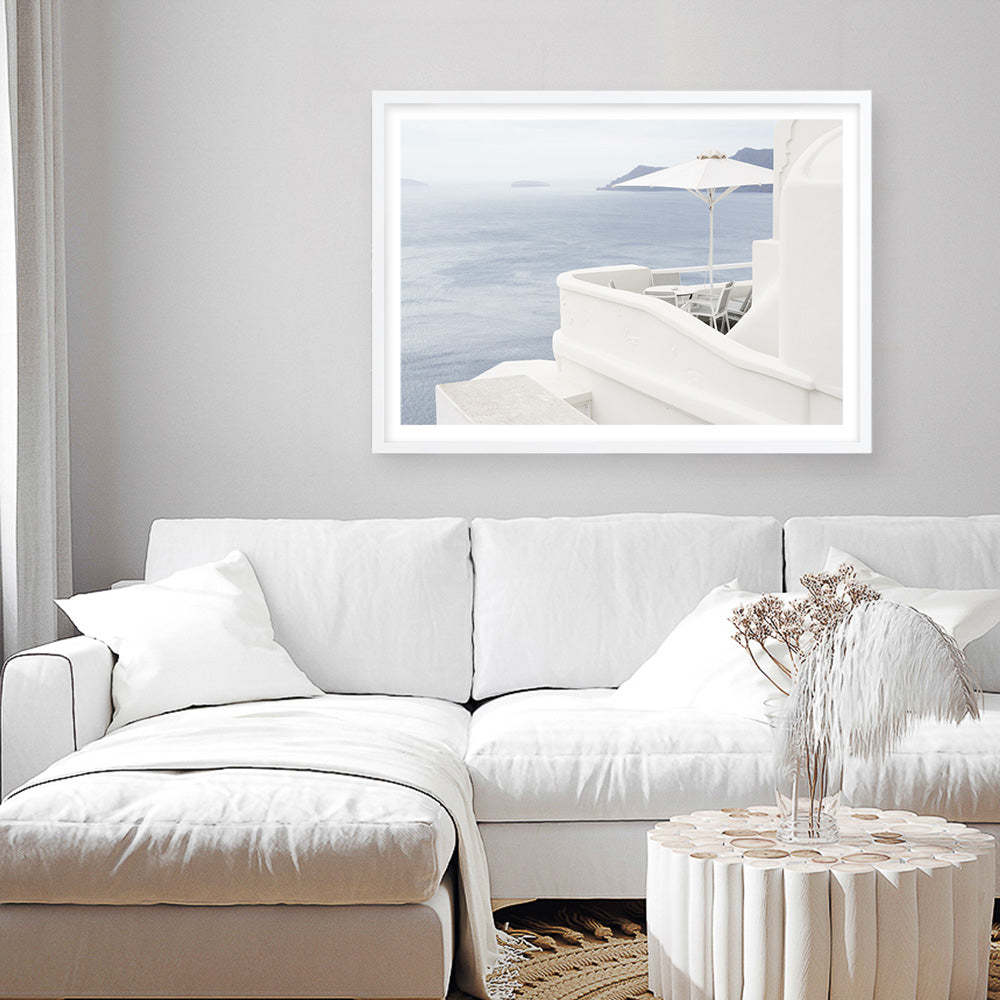 Shop Santorini Terrace I Photo Art Print a coastal themed photography wall art print from The Print Emporium wall artwork collection - Buy Australian made fine art poster and framed prints for the home and your interior decor, TPE-1323-AP