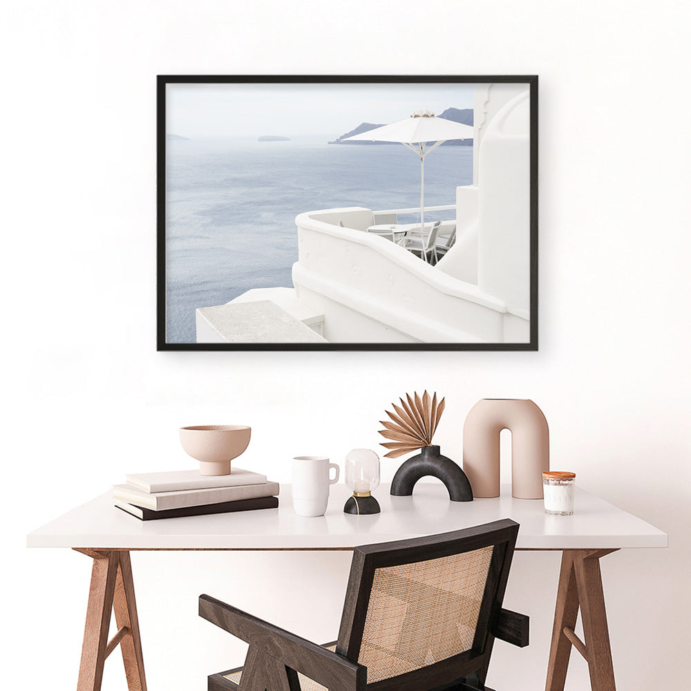 Shop Santorini Terrace I Photo Art Print a coastal themed photography wall art print from The Print Emporium wall artwork collection - Buy Australian made fine art poster and framed prints for the home and your interior decor, TPE-1323-AP