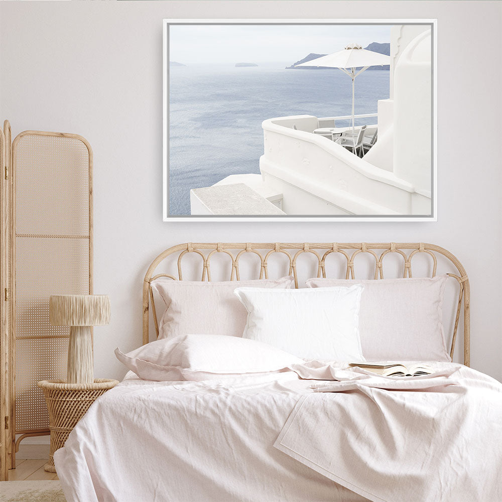 Shop Santorini Terrace I Photo Canvas Print a coastal themed photography framed stretched canvas print from The Print Emporium wall artwork collection - Buy Australian made prints for the home and your interior decor space, TPE-1323-CA-35X46-NF