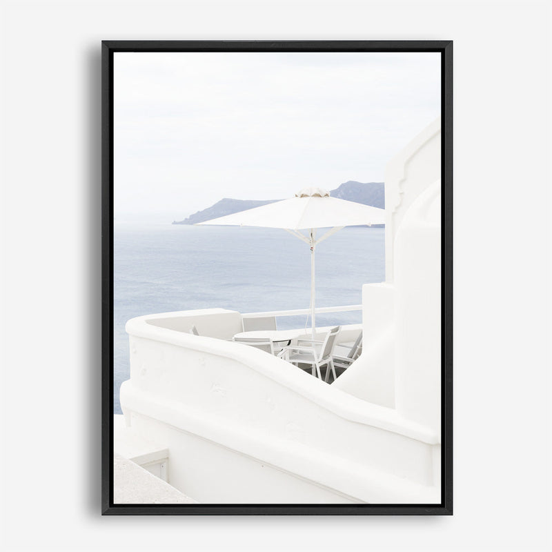 Shop Santorini Terrace II Photo Canvas Print a coastal themed photography framed stretched canvas print from The Print Emporium wall artwork collection - Buy Australian made prints for the home and your interior decor space, TPE-1328-CA-35X46-NF