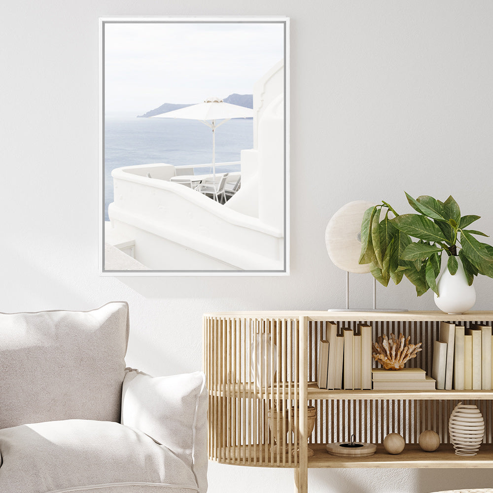 Shop Santorini Terrace II Photo Canvas Print a coastal themed photography framed stretched canvas print from The Print Emporium wall artwork collection - Buy Australian made prints for the home and your interior decor space, TPE-1328-CA-35X46-NF