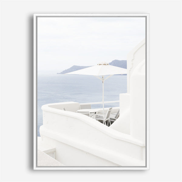 Shop Santorini Terrace II Photo Canvas Print a coastal themed photography framed stretched canvas print from The Print Emporium wall artwork collection - Buy Australian made prints for the home and your interior decor space, TPE-1328-CA-35X46-NF