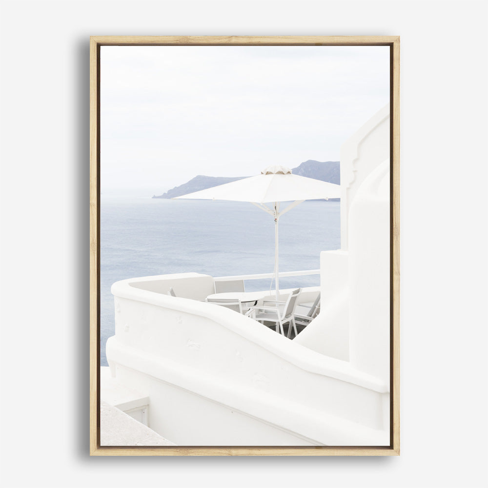 Shop Santorini Terrace II Photo Canvas Print a coastal themed photography framed stretched canvas print from The Print Emporium wall artwork collection - Buy Australian made prints for the home and your interior decor space, TPE-1328-CA-35X46-NF