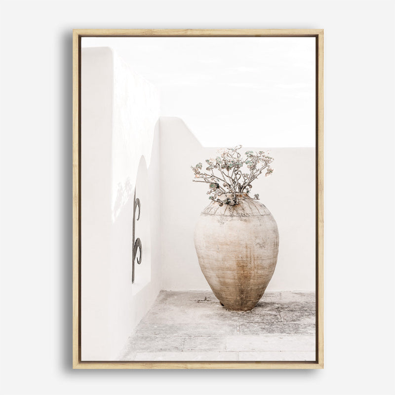 Shop Santorini Urn Photo Canvas Print a coastal themed photography framed stretched canvas print from The Print Emporium wall artwork collection - Buy Australian made prints for the home and your interior decor space, TPE-1040-CA-35X46-NF