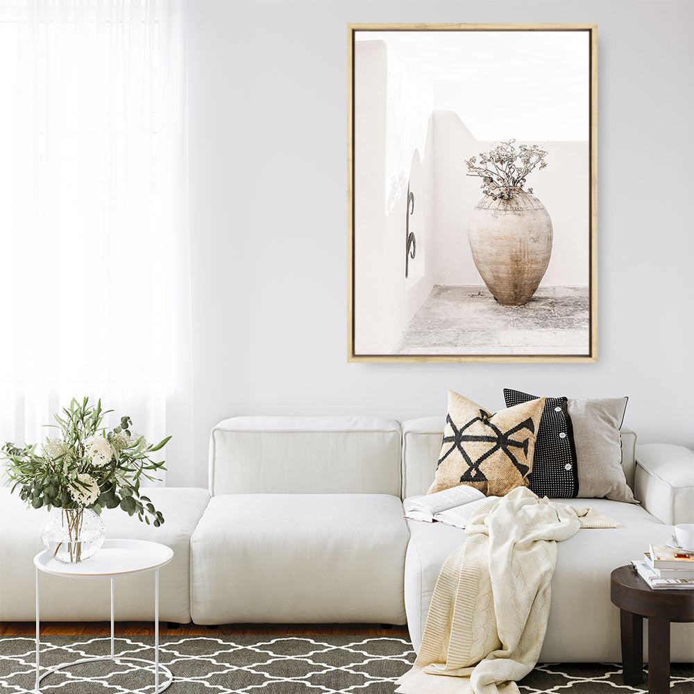 Shop Santorini Urn Photo Canvas Print a coastal themed photography framed stretched canvas print from The Print Emporium wall artwork collection - Buy Australian made prints for the home and your interior decor space, TPE-1040-CA-35X46-NF
