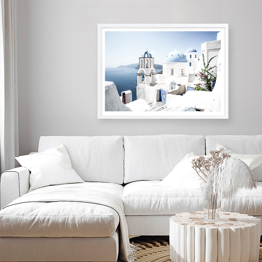 Shop Santorini Vista Photo Art Print a coastal themed photography wall art print from The Print Emporium wall artwork collection - Buy Australian made fine art poster and framed prints for the home and your interior decor, TPE-1299-AP