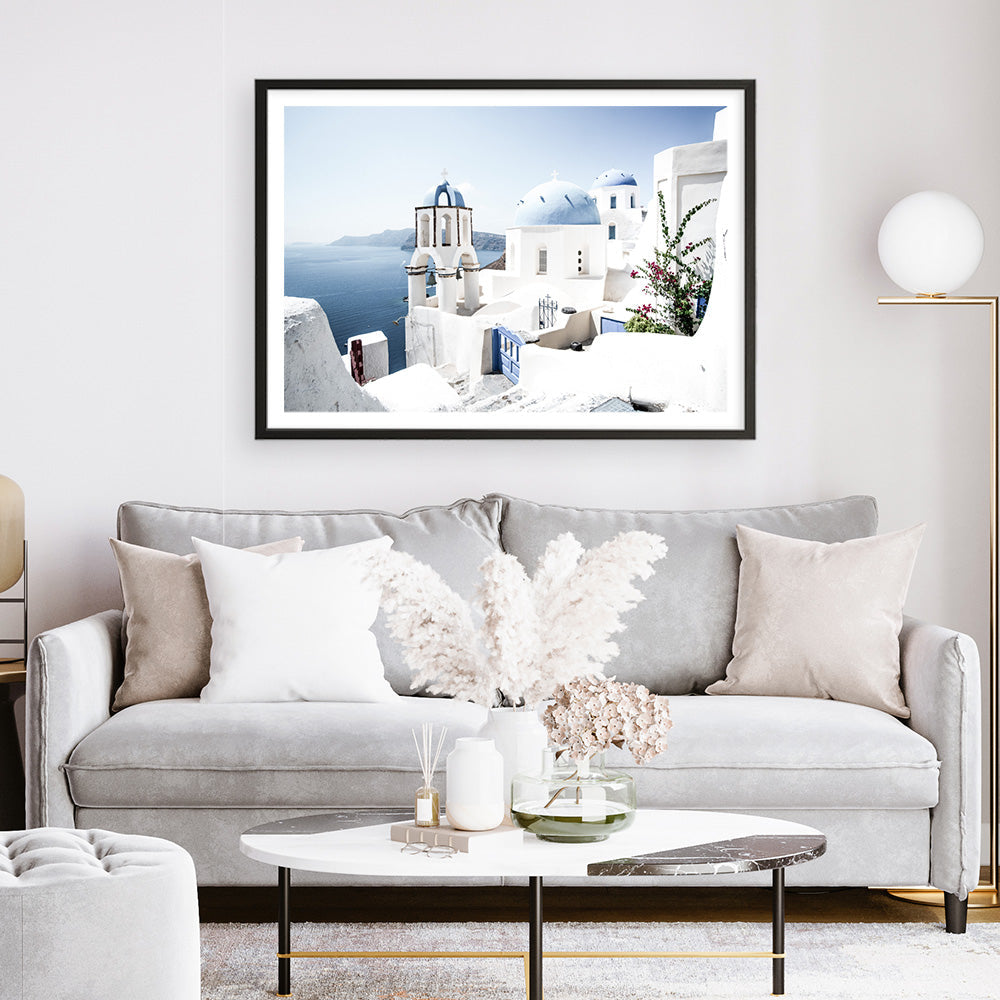 Shop Santorini Vista Photo Art Print a coastal themed photography wall art print from The Print Emporium wall artwork collection - Buy Australian made fine art poster and framed prints for the home and your interior decor, TPE-1299-AP