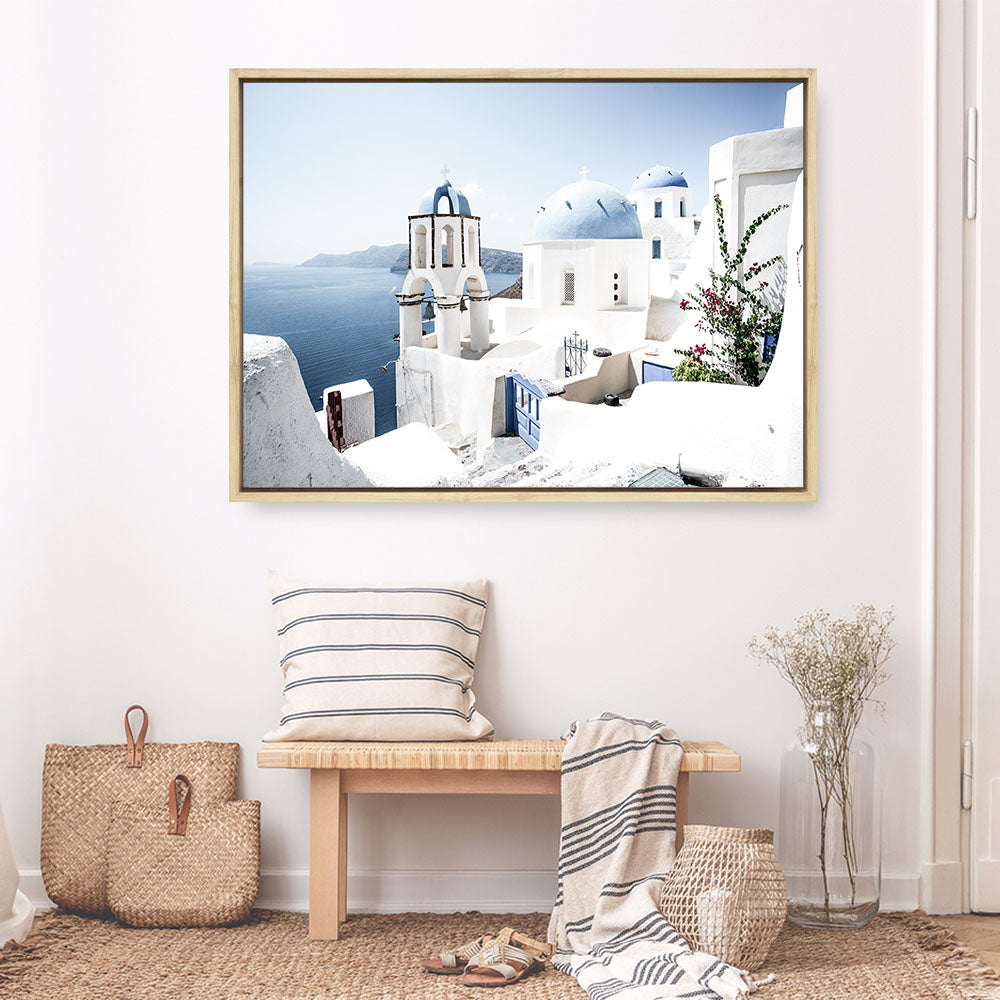 Shop Santorini Vista Photo Canvas Print a coastal themed photography framed stretched canvas print from The Print Emporium wall artwork collection - Buy Australian made prints for the home and your interior decor space, TPE-1299-CA-35X46-NF