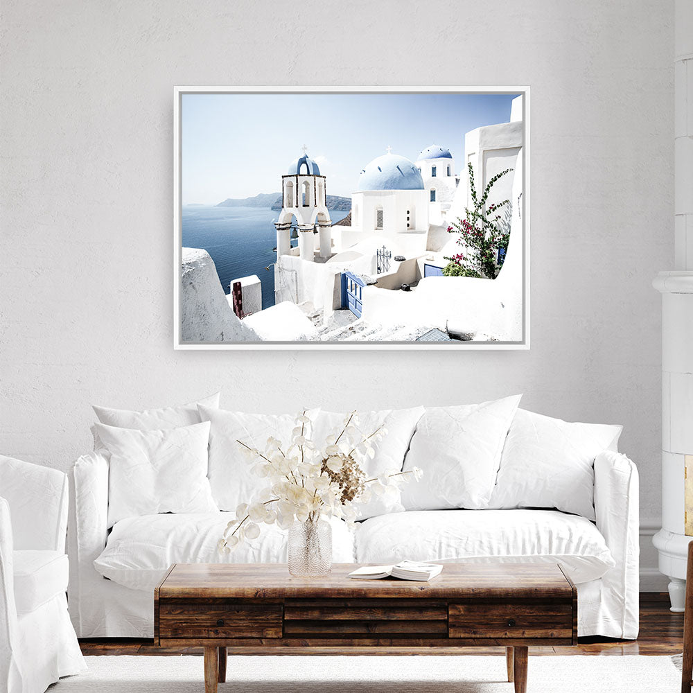 Shop Santorini Vista Photo Canvas Print a coastal themed photography framed stretched canvas print from The Print Emporium wall artwork collection - Buy Australian made prints for the home and your interior decor space, TPE-1299-CA-35X46-NF