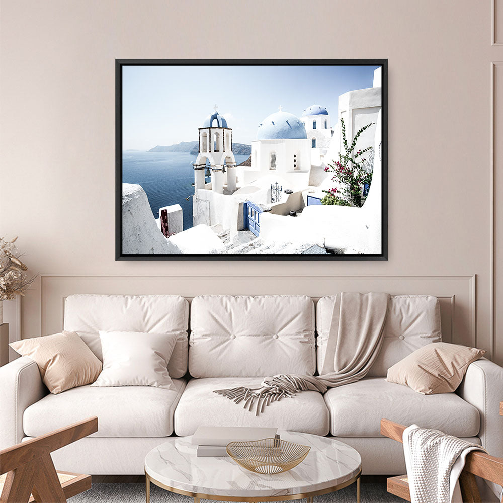 Shop Santorini Vista Photo Canvas Print a coastal themed photography framed stretched canvas print from The Print Emporium wall artwork collection - Buy Australian made prints for the home and your interior decor space, TPE-1299-CA-35X46-NF