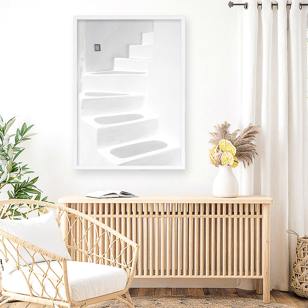 Shop Santorini White Steps I Photo Art Print a coastal themed photography wall art print from The Print Emporium wall artwork collection - Buy Australian made fine art poster and framed prints for the home and your interior decor, TPE-1250-AP