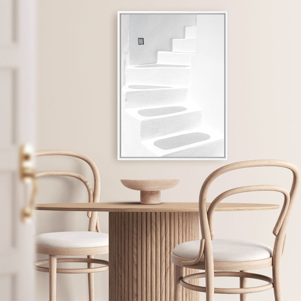 Shop Santorini White Steps I Photo Canvas Print a coastal themed photography framed stretched canvas print from The Print Emporium wall artwork collection - Buy Australian made prints for the home and your interior decor space, TPE-1250-CA-35X46-NF