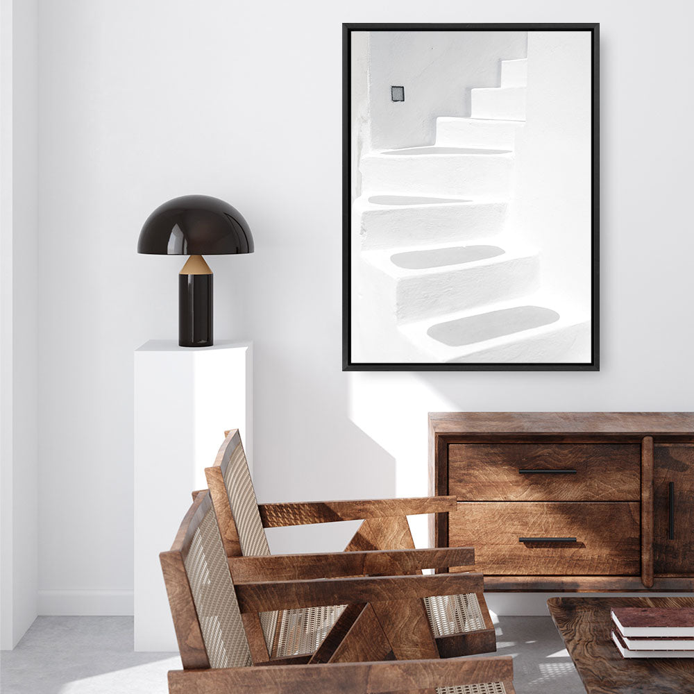 Shop Santorini White Steps I Photo Canvas Print a coastal themed photography framed stretched canvas print from The Print Emporium wall artwork collection - Buy Australian made prints for the home and your interior decor space, TPE-1250-CA-35X46-NF