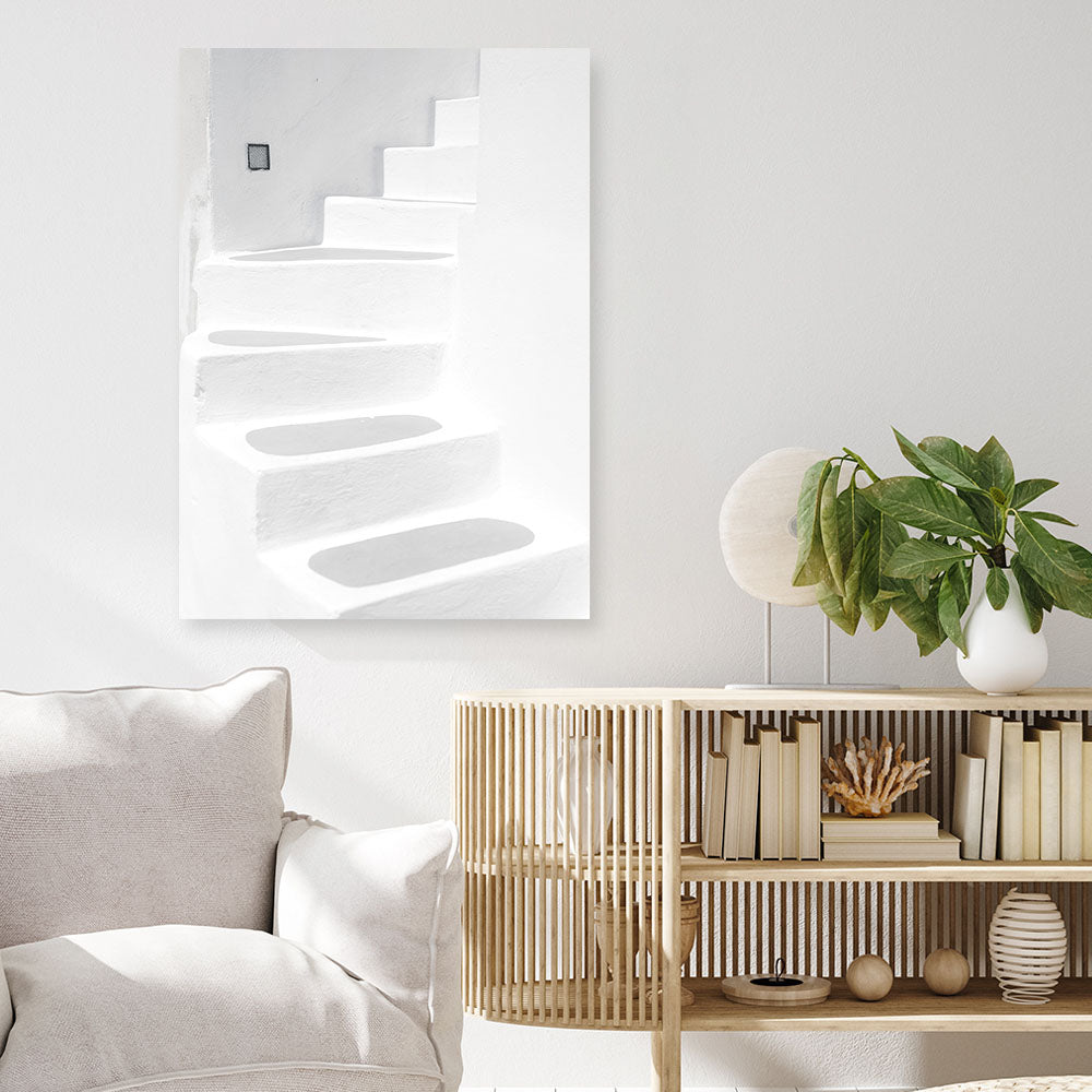 Shop Santorini White Steps I Photo Canvas Print a coastal themed photography framed stretched canvas print from The Print Emporium wall artwork collection - Buy Australian made prints for the home and your interior decor space, TPE-1250-CA-35X46-NF