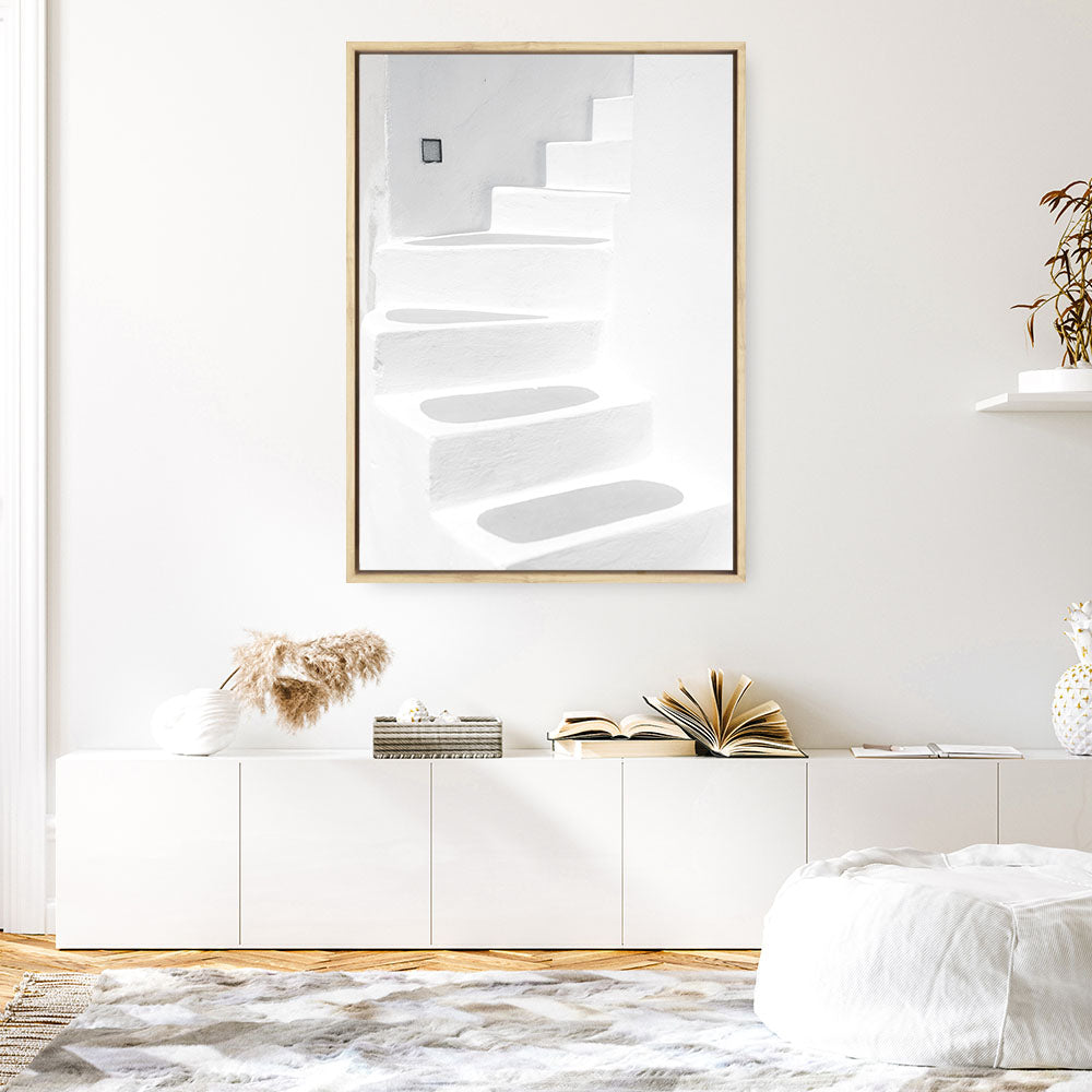 Shop Santorini White Steps I Photo Canvas Print a coastal themed photography framed stretched canvas print from The Print Emporium wall artwork collection - Buy Australian made prints for the home and your interior decor space, TPE-1250-CA-35X46-NF