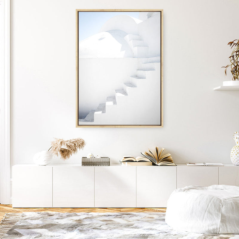 Shop Santorini White Steps II Photo Canvas Print a coastal themed photography framed stretched canvas print from The Print Emporium wall artwork collection - Buy Australian made prints for the home and your interior decor space, TPE-1251-CA-35X46-NF