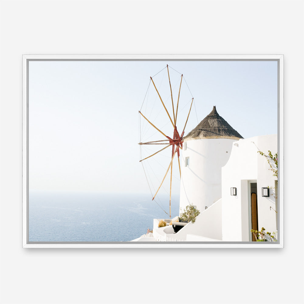 Shop Santorini Windmill II Photo Canvas Print a coastal themed photography framed stretched canvas print from The Print Emporium wall artwork collection - Buy Australian made prints for the home and your interior decor space, TPE-1352-CA-35X46-NF
