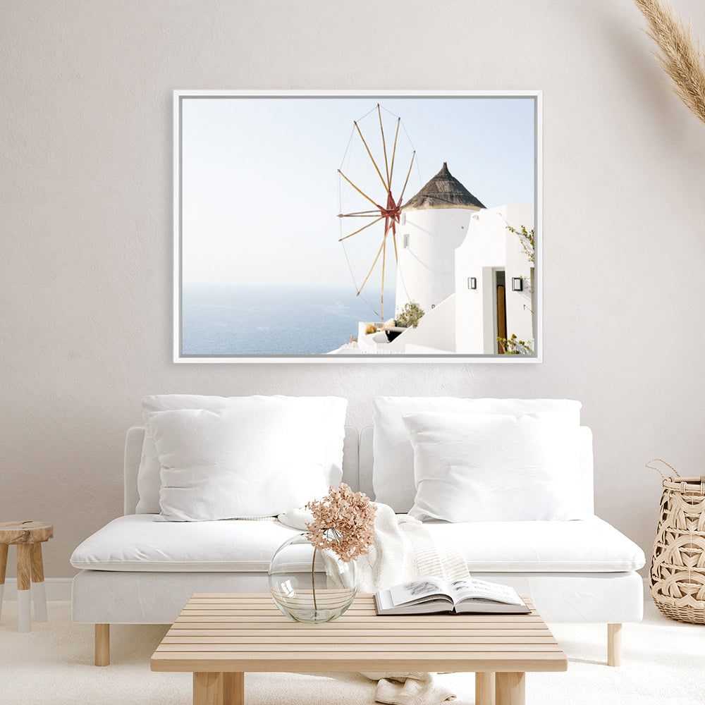 Shop Santorini Windmill II Photo Canvas Print a coastal themed photography framed stretched canvas print from The Print Emporium wall artwork collection - Buy Australian made prints for the home and your interior decor space, TPE-1352-CA-35X46-NF