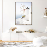 Shop Santorini Windmill Photo Canvas Print a coastal themed photography framed stretched canvas print from The Print Emporium wall artwork collection - Buy Australian made prints for the home and your interior decor space, TPE-1340-CA-35X46-NF