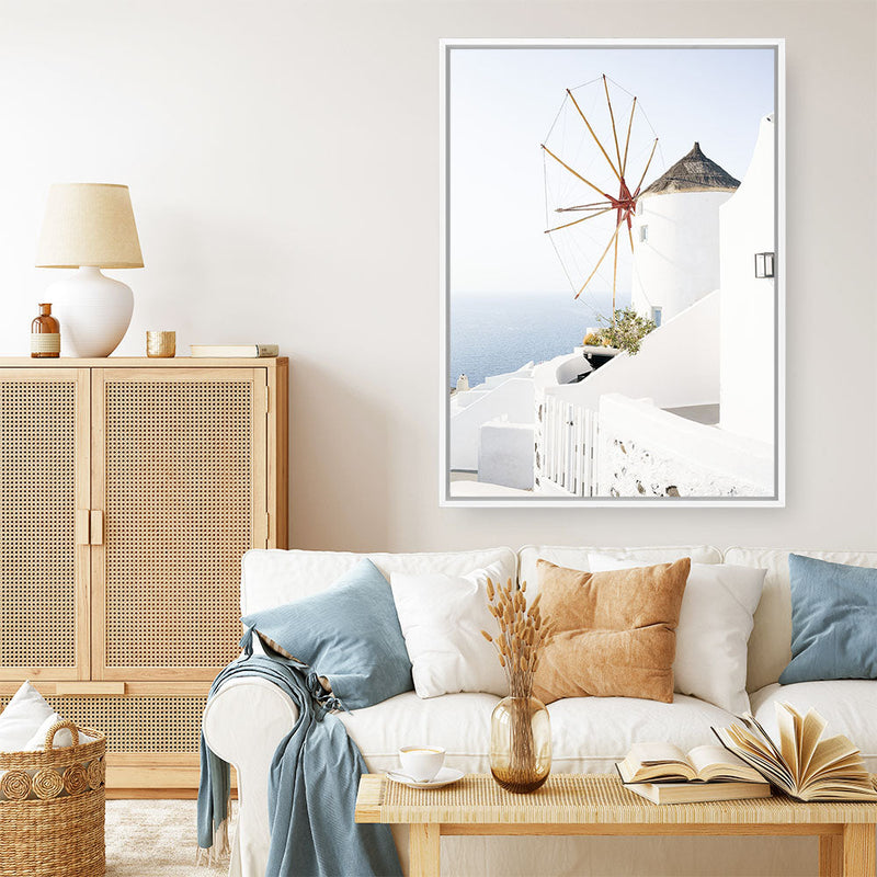 Shop Santorini Windmill Photo Canvas Print a coastal themed photography framed stretched canvas print from The Print Emporium wall artwork collection - Buy Australian made prints for the home and your interior decor space, TPE-1340-CA-35X46-NF