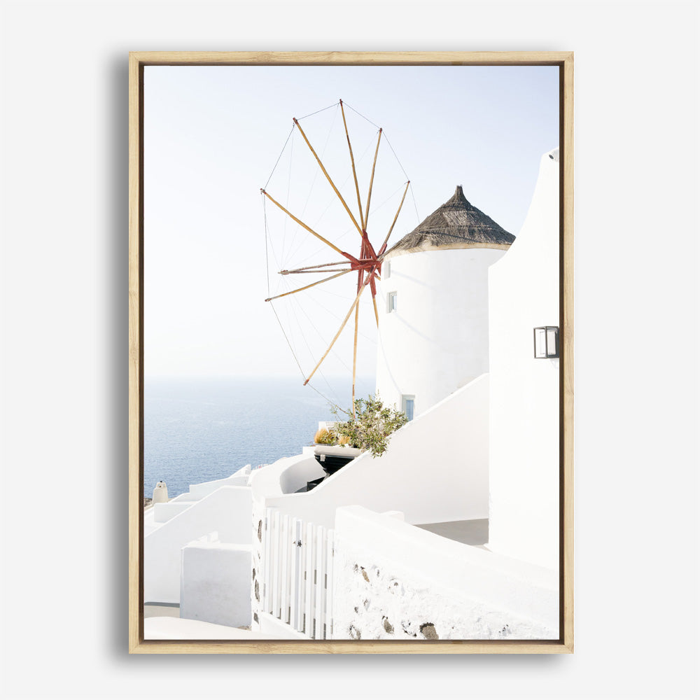 Shop Santorini Windmill Photo Canvas Print a coastal themed photography framed stretched canvas print from The Print Emporium wall artwork collection - Buy Australian made prints for the home and your interior decor space, TPE-1340-CA-35X46-NF