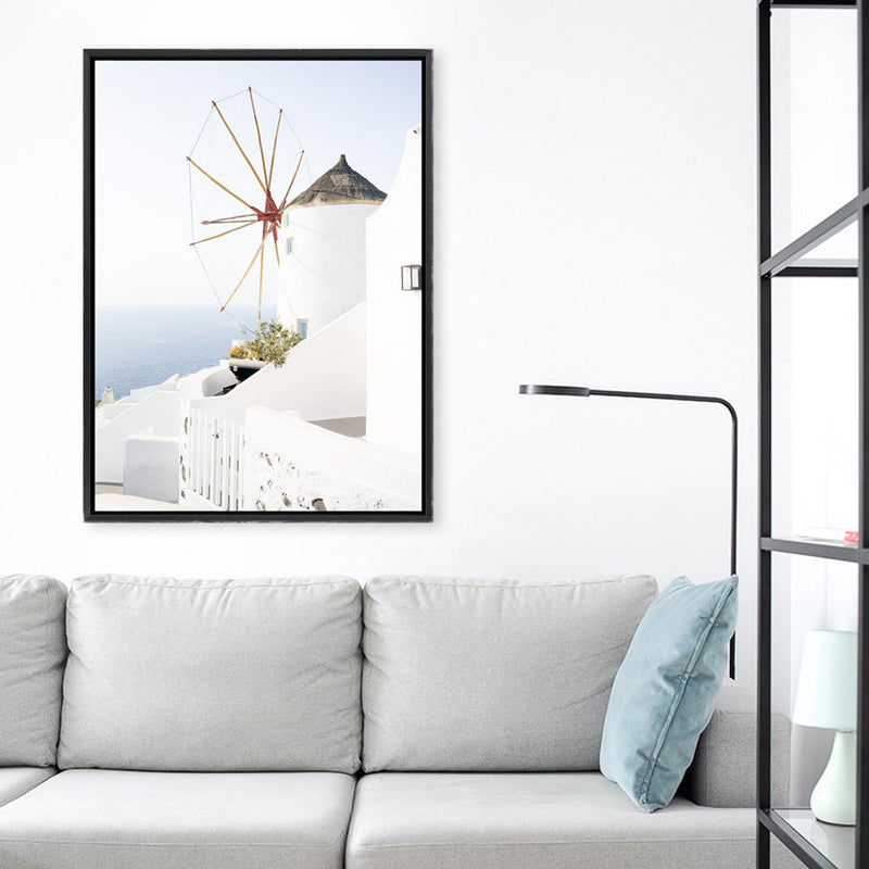 Shop Santorini Windmill Photo Canvas Print a coastal themed photography framed stretched canvas print from The Print Emporium wall artwork collection - Buy Australian made prints for the home and your interior decor space, TPE-1340-CA-35X46-NF