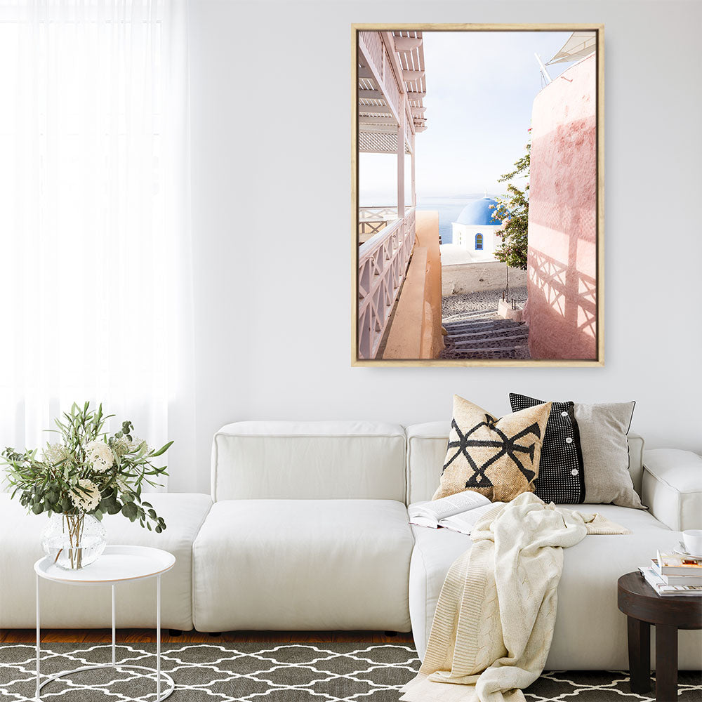 Shop Santorini in Spring Photo Canvas Print a coastal themed photography framed stretched canvas print from The Print Emporium wall artwork collection - Buy Australian made prints for the home and your interior decor space, TPE-1300-CA-35X46-NF