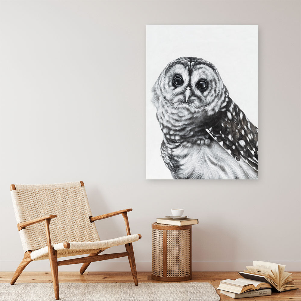 Shop Snow Owl Canvas Print a painted bird themed framed canvas wall art print from The Print Emporium artwork collection - Buy Australian made fine art painting style stretched canvas prints for the home and your interior decor space, TPE-176-CA-35X46-NF