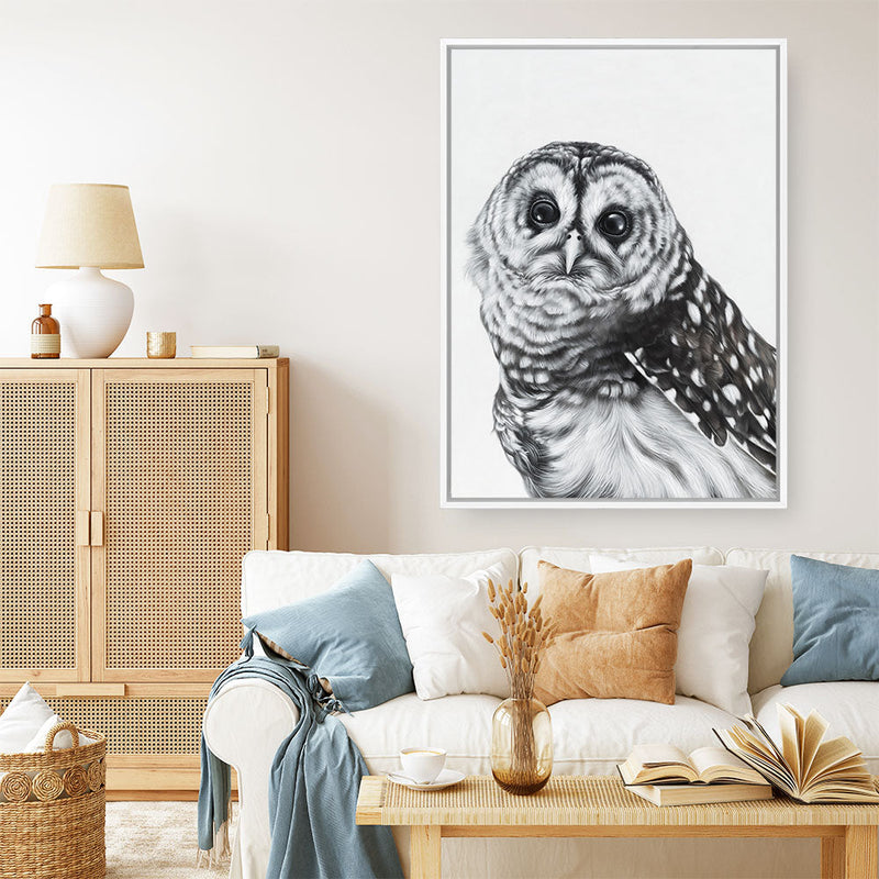 Shop Snow Owl Canvas Print a painted bird themed framed canvas wall art print from The Print Emporium artwork collection - Buy Australian made fine art painting style stretched canvas prints for the home and your interior decor space, TPE-176-CA-35X46-NF