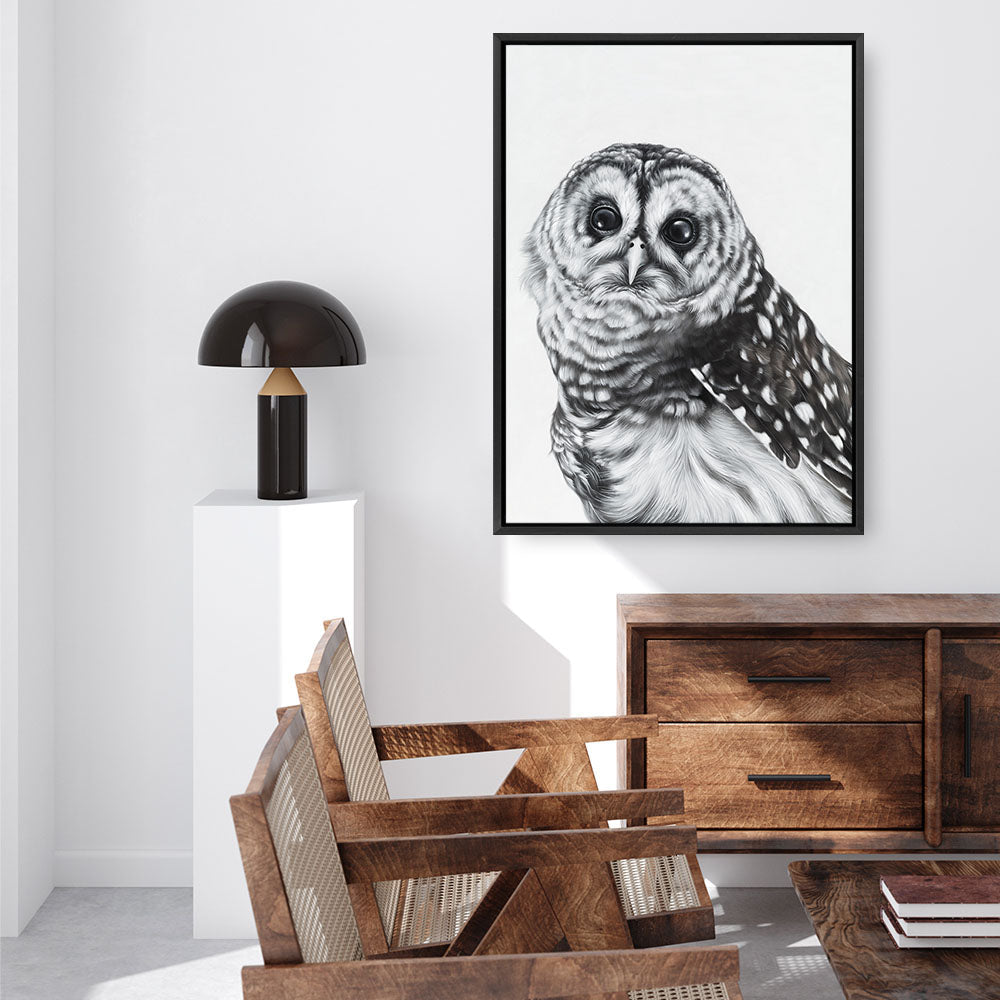 Shop Snow Owl Canvas Print a painted bird themed framed canvas wall art print from The Print Emporium artwork collection - Buy Australian made fine art painting style stretched canvas prints for the home and your interior decor space, TPE-176-CA-35X46-NF