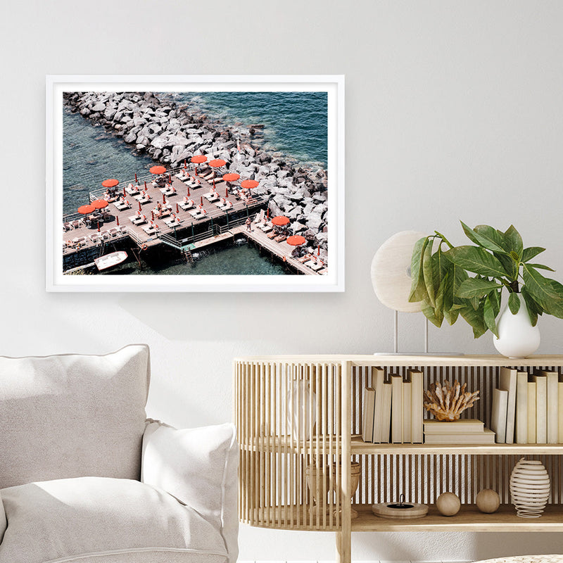 Shop Sorrento Orange Umbrellas I Photo Art Print a coastal themed photography wall art print from The Print Emporium wall artwork collection - Buy Australian made fine art poster and framed prints for the home and your interior decor, TPE-735-AP