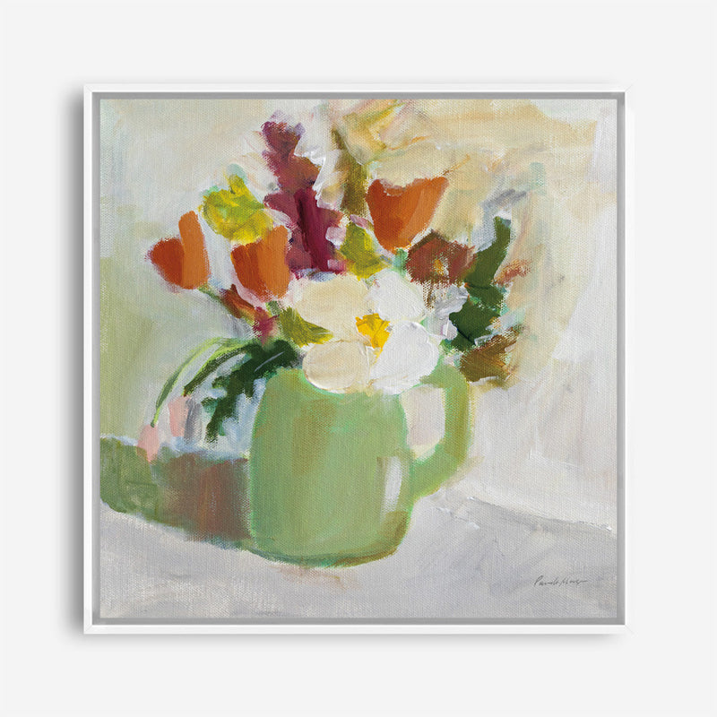 Shop Spring In A Green Pitcher (Square) Canvas Print a floral themed painted framed canvas wall art print from The Print Emporium artwork collection - Buy Australian made fine art painting style stretched canvas prints for the home and your interior decor space, TPE-WA-77775-CA-40X40-NF