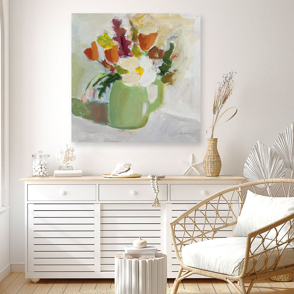 Shop Spring In A Green Pitcher (Square) Canvas Print a floral themed painted framed canvas wall art print from The Print Emporium artwork collection - Buy Australian made fine art painting style stretched canvas prints for the home and your interior decor space, TPE-WA-77775-CA-40X40-NF