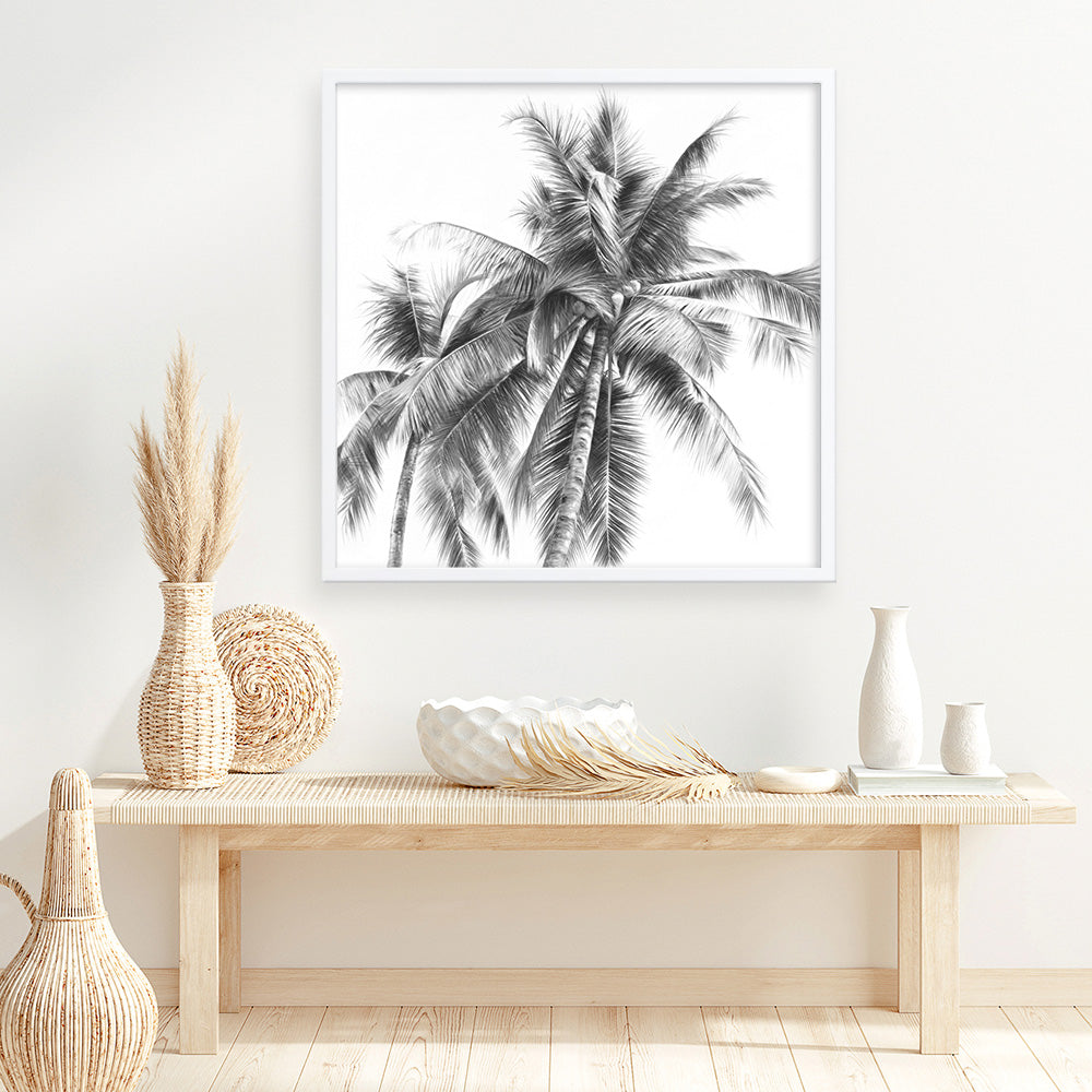 Shop Summer Palms I (B&W) (Square) Art Print a coastal themed painted wall art print from The Print Emporium wall artwork collection - Buy Australian made fine art painting style poster and framed prints for the home and your interior decor room, TPE-357-AP